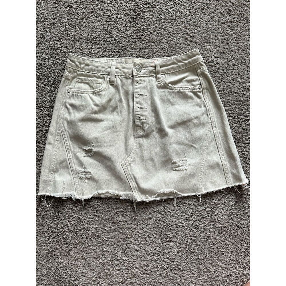 We The Free Women's Khaki Denim Mini Skirt Size 28 Casual Distressed EUC